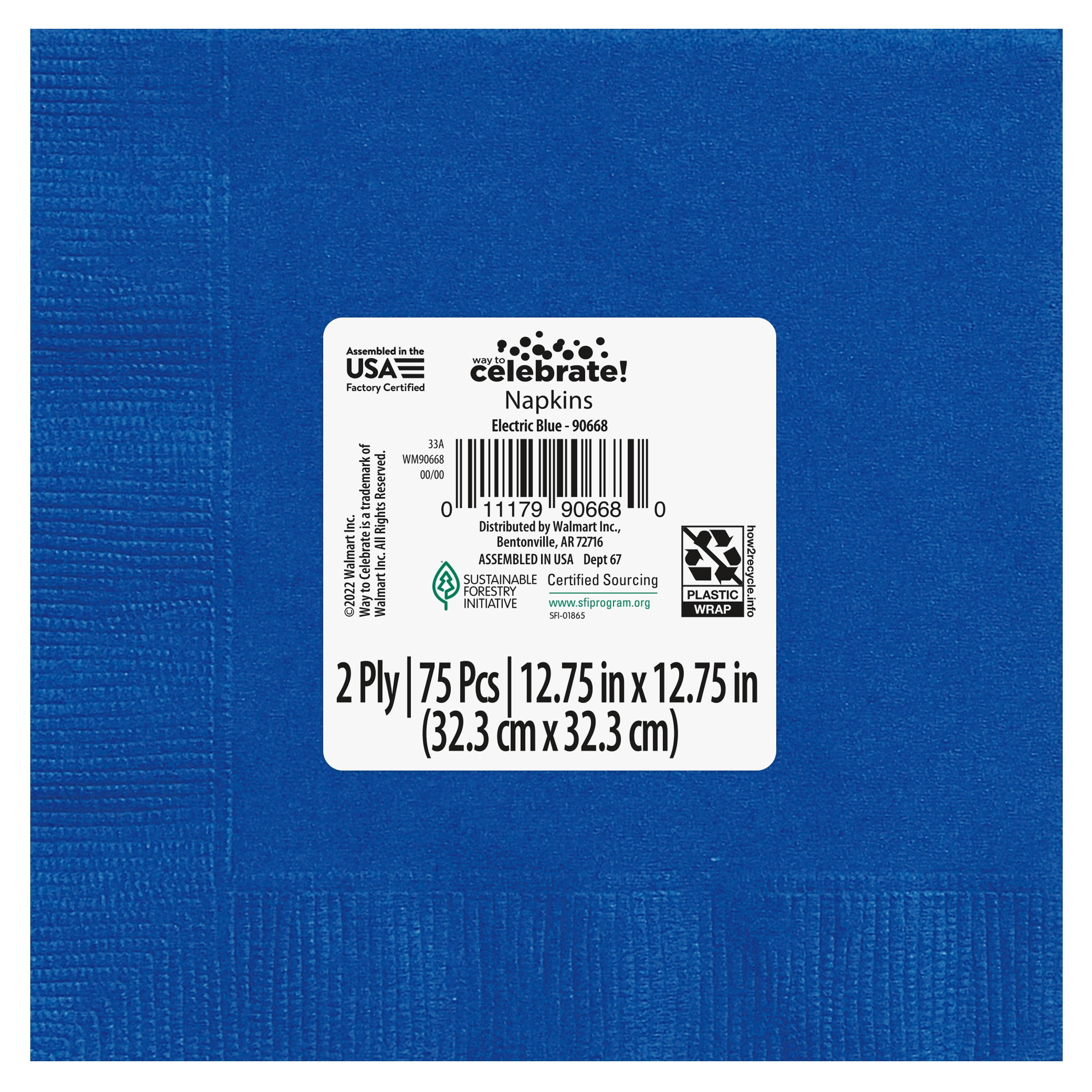 Way To Celebrate Disposable Paper Napkins, Blue, 6.5 in x 6.5 in, 75 Count