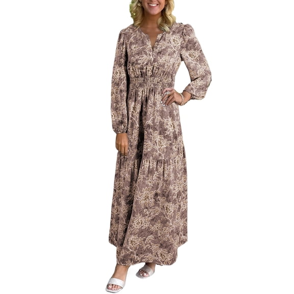 Women's Brown Floral Print Smocked Maxi Dress – Bohemian Style for Spring & Summer, XL