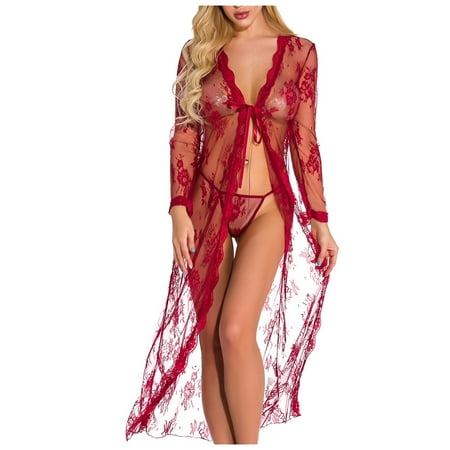 XMMSWDLA Women Sexy Lingerie Lace Kimono Robe with Lace Lingerie Bodysuit pajamas for Women Wine Red