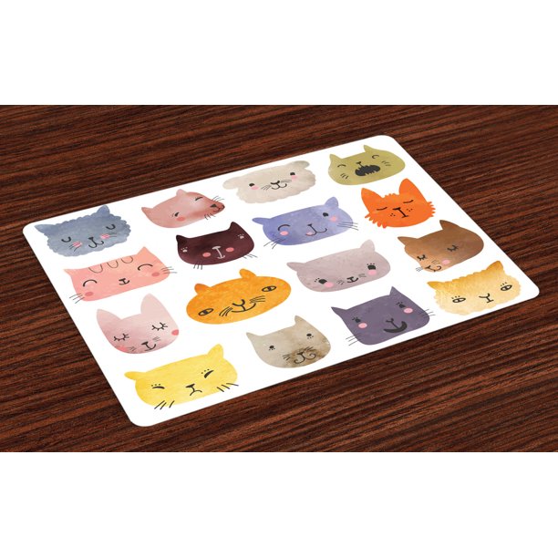 Cat Placemats Set of 4 Cute Watercolor Effect Cat Heads in Colorful