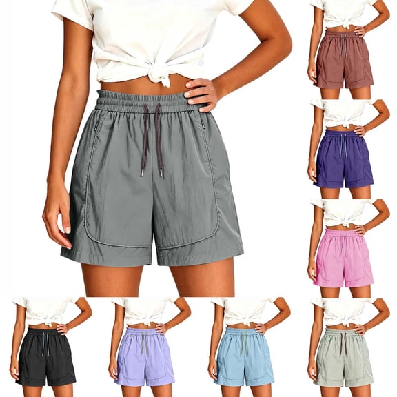 Sheghy Workout Shorts Women 100%Cotton Women Summer Fashion Solid Quick Dry Sports Drawstring Dual Pocket Knee-Length Shorts Black S