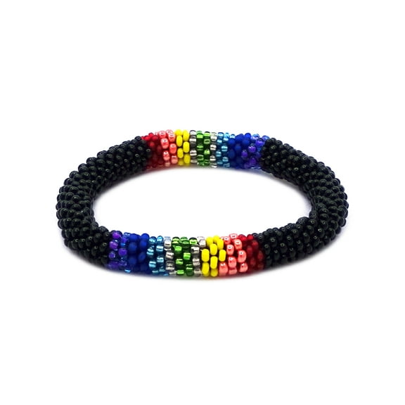 Rainbow Striped Pattern Guatemalan Czech Glass Seed Beaded One Size Fits All Bangle Bracelet - Womens Fashion Handmade Jewelry Boho Accessories