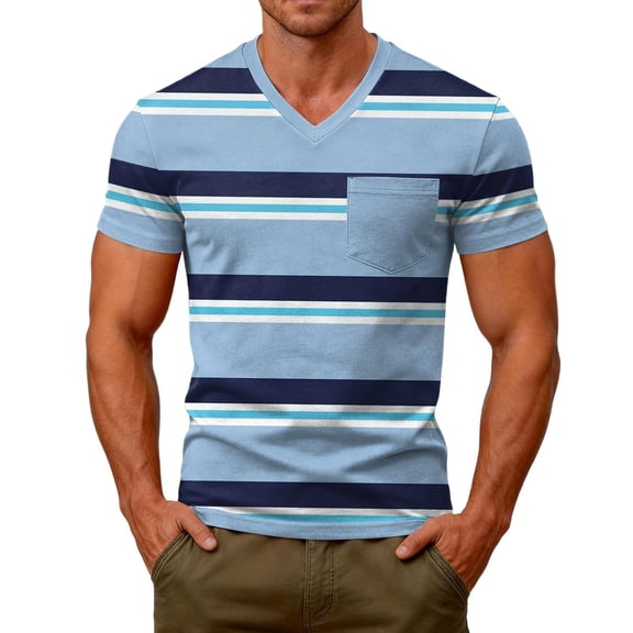WAYUTE Men's T Shirts Short Sleeve V Neck Patchwork Color Striped Graphic Tees Stretch Fit Tops with Front Pocket Classic Casual Summer Tshirts