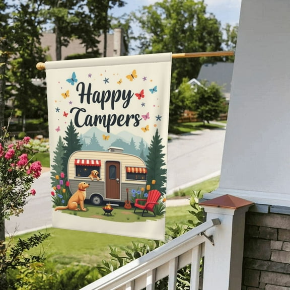 Garden Flag Double Sided Happy Camper Golden Retriever Colorful Flower Butterfly Yard Flag Garden Flags For Spring Summer Farmhouse Home Outdoor Decor 12 X 18 Inch