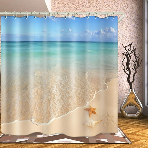 Bathroom is Equipped with 3D Beach Scenery Decorative Shower Curtain, Fabric Shower Curtains with 12 Shower Curtain Hooks, Bathtub Curtain, 72x72 Inch Waterproof Shower Curtains