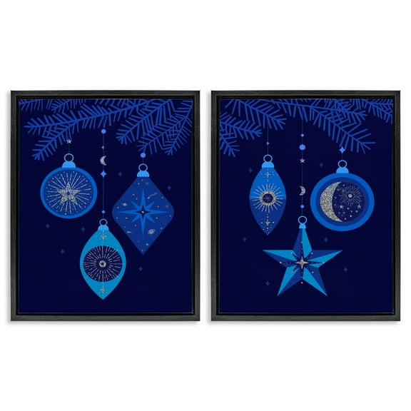 Stupell Industries Vintage Blue Holiday Ornaments Holiday Painting Black Floater Framed Canvas Art Print Wall Art, 17 x 21, Set of 2