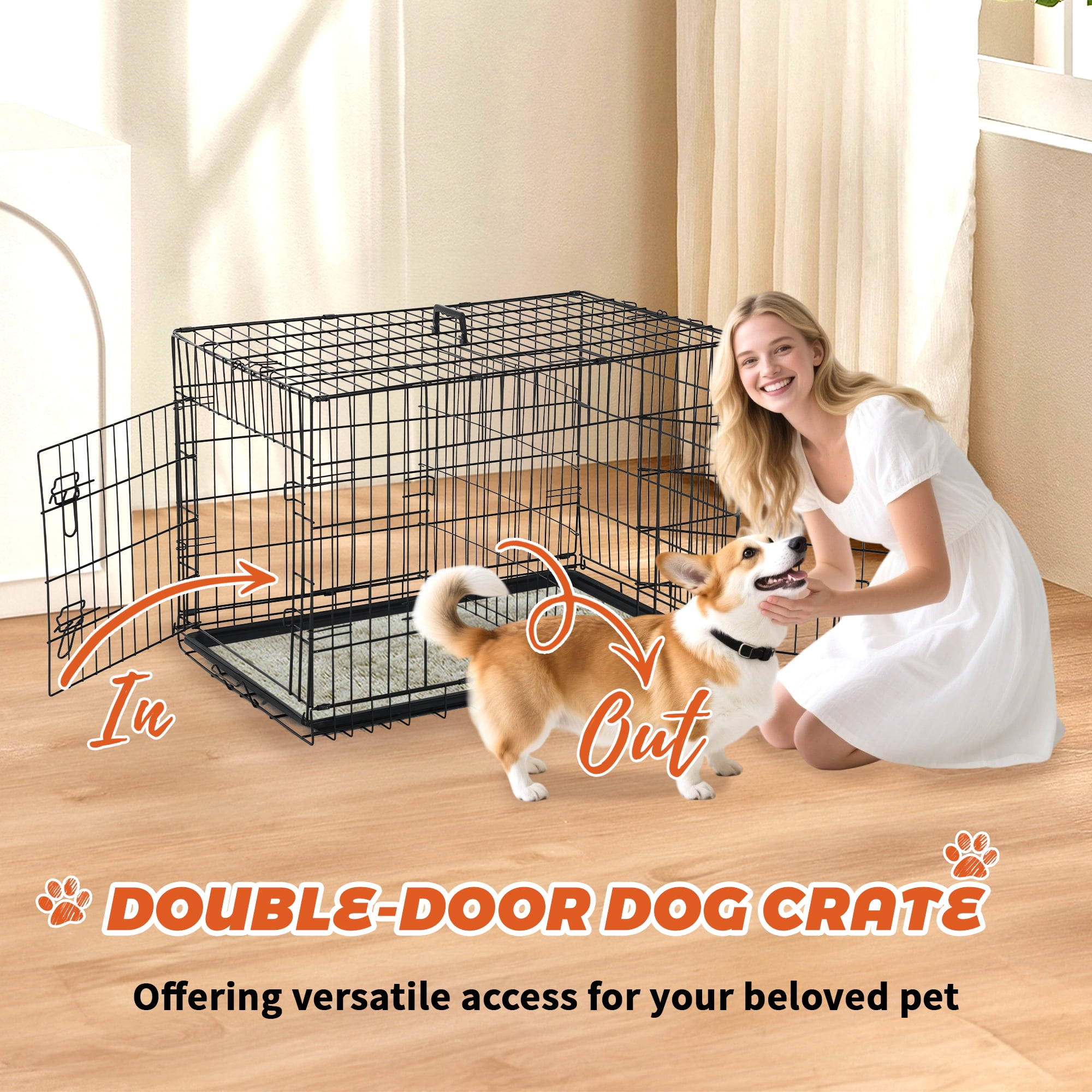 CL.HPAHKL 36 Inch Double-Door Dog Crates for Medium Small Dogs, Portable Folding Metal Dog Cage, Indoor and Outdoor Dog Kennels with Divider Panel, Leak-Proof Pan, Locks, Handle, Black