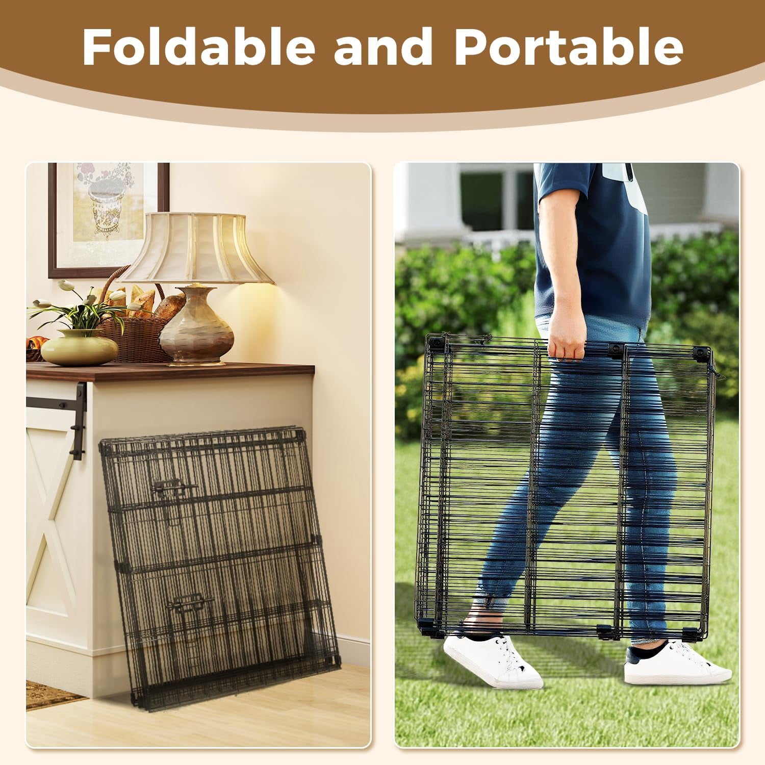 Foldable -48 inch Octagonal Metal Dog Playpen - 8-Panel Exercise Dog Fence with Door, Indoor/Outdoor Dog Corral with Dog Pin for Large & Medium Dogs, Large Black