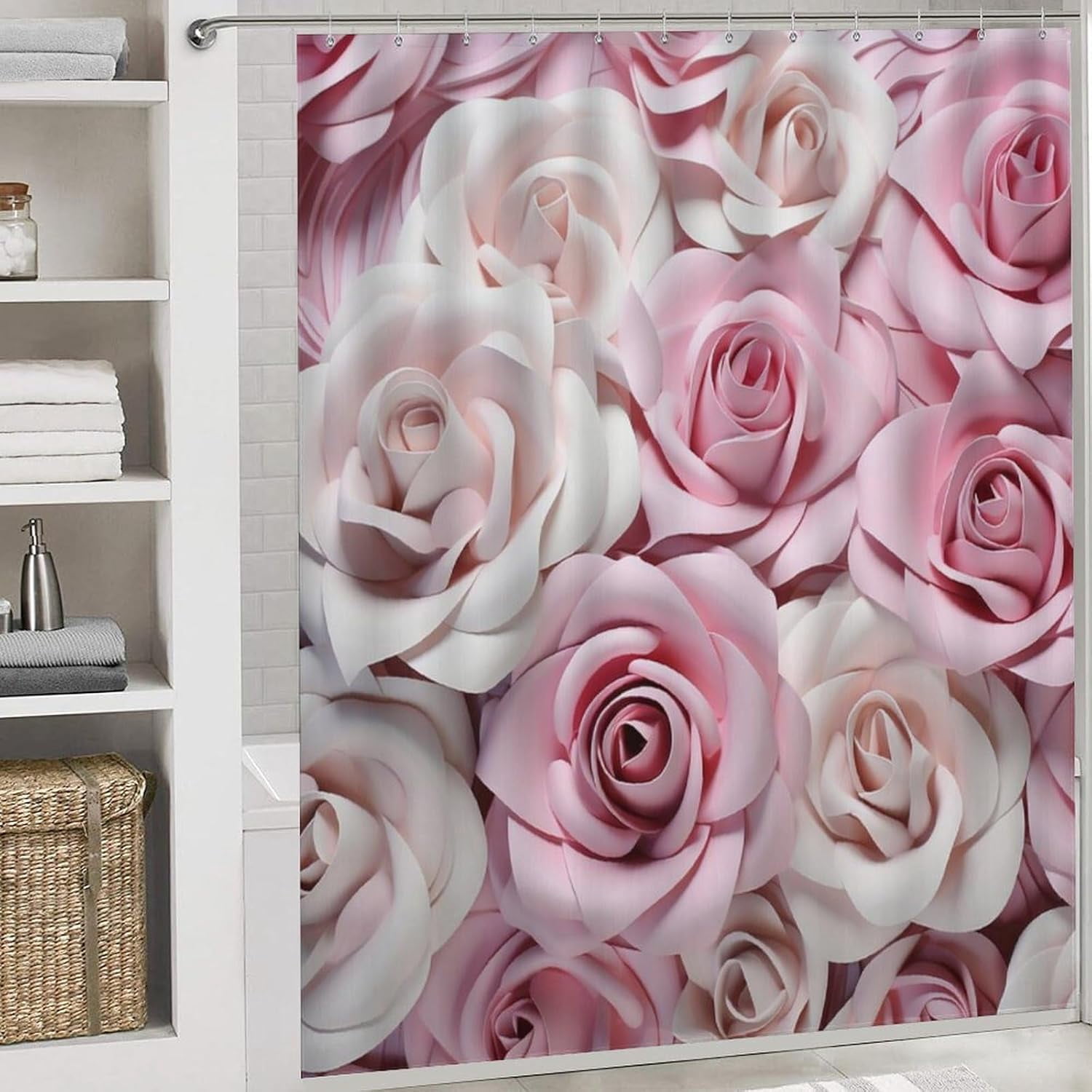 Beautiful Pink Roses Shower Curtain Sets with Rugs Toilet Lid Cover and Bath Mat Colorful Romantic Floral Shower Curtains with 12 Hooks Waterproof 4 Piece Bathroom Decor Set