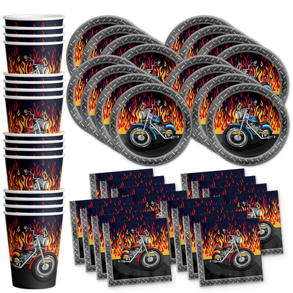 Motorcycle Biker Birthday Party Supplies Set Plates Napkins Cups Tableware Kit for 16