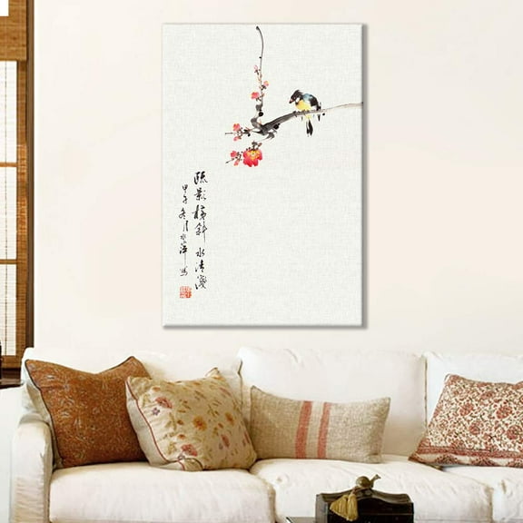 wall26 Canvas Wall Art of Bird On Branch Oriental Style | 16x24 inches