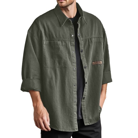 QHFBli Men's Washed Denim Long Sleeve Shirt, StandCollar Thick Denim Air Layer Warm for Outdoor&Trendy Wear Button Down Shirt