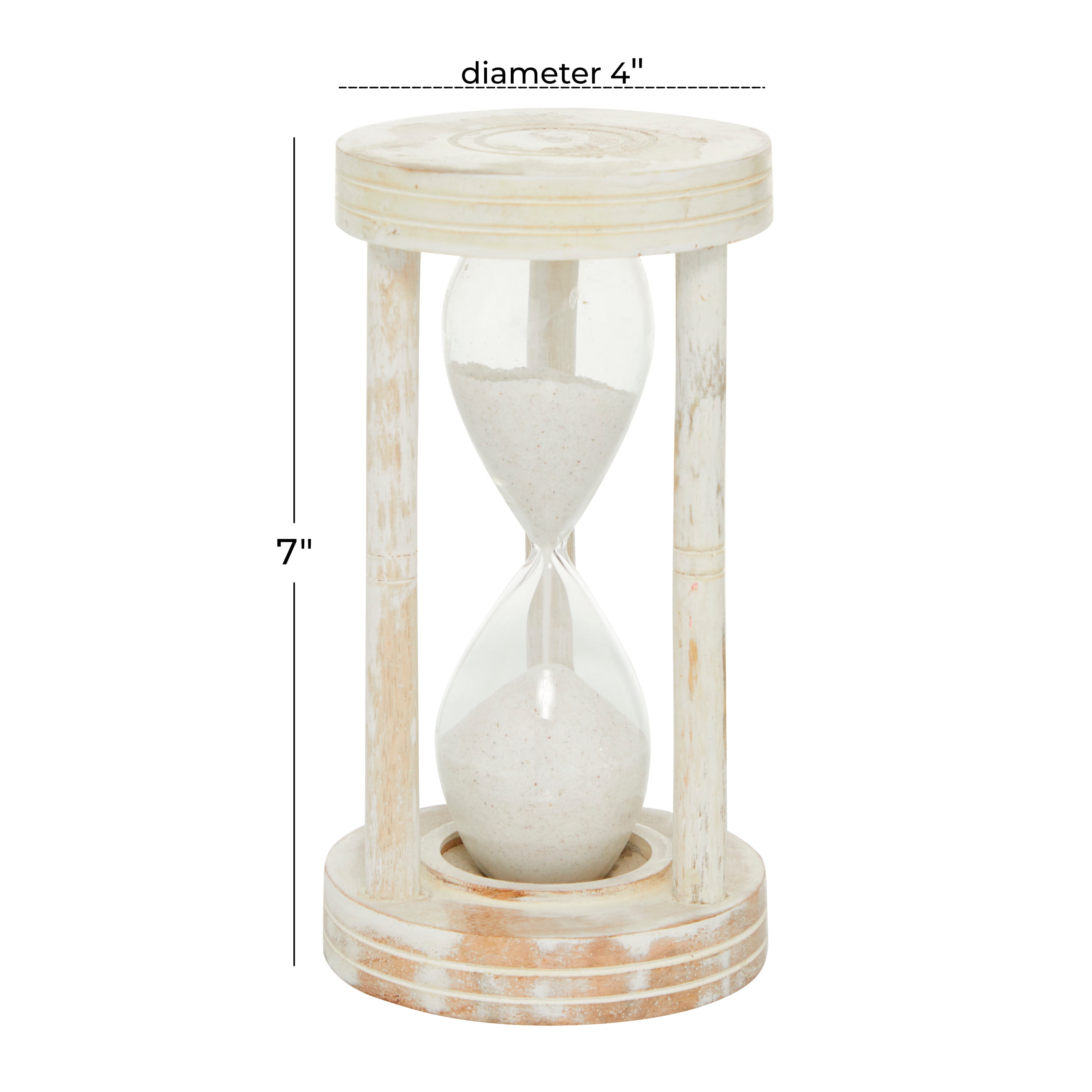 DecMode Farmhouse Wood Sand Filled Glass Timer 4"W x 7"H with Mango Wood Frame and Distressed White Finish