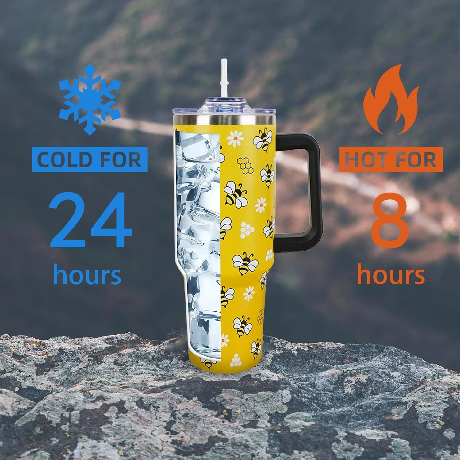 Bee 40 Oz Tumbler With Handle and Straw - Yellow Cup Water Bottle Drinking Glass, Gifts for Women Girls Bee Lovers, Accessories Stuff for Christmas Birthday
