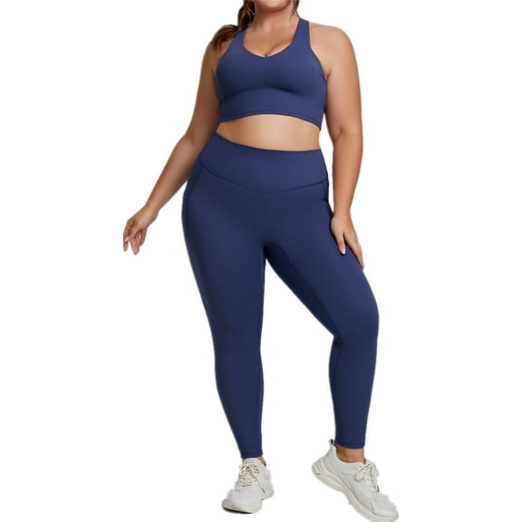Silver Basic Women's Plus Size Trendy Tight Fitting Sportswear Two-Piece Yoga Set S,Blue-1