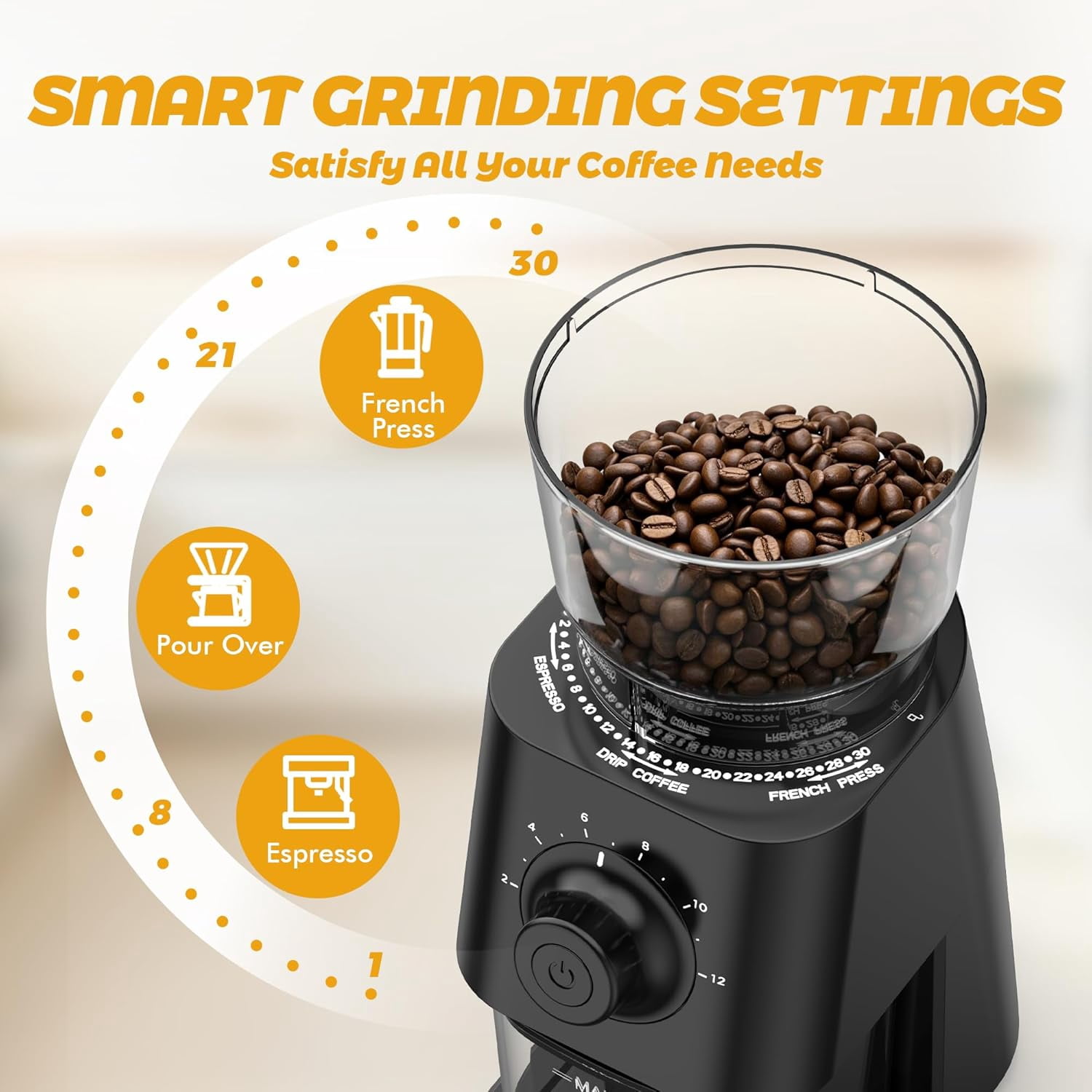 Electric Coffee Grinder with 30 Grind Settings for Espresso Drip & Americano, Black Burr Mill