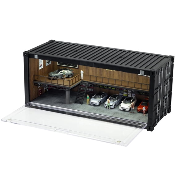 Diorama 1/64 Container Diecast Garage Model, Big LED Lighting Parking Lot Scene Model Display Case, Building Model, Model Car Display Storage for hotwheel