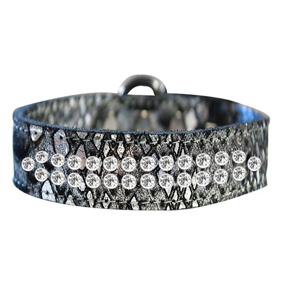 Two Row Clear Crystal Jeweled Dragon Skin Genuine Leather Dog Collar