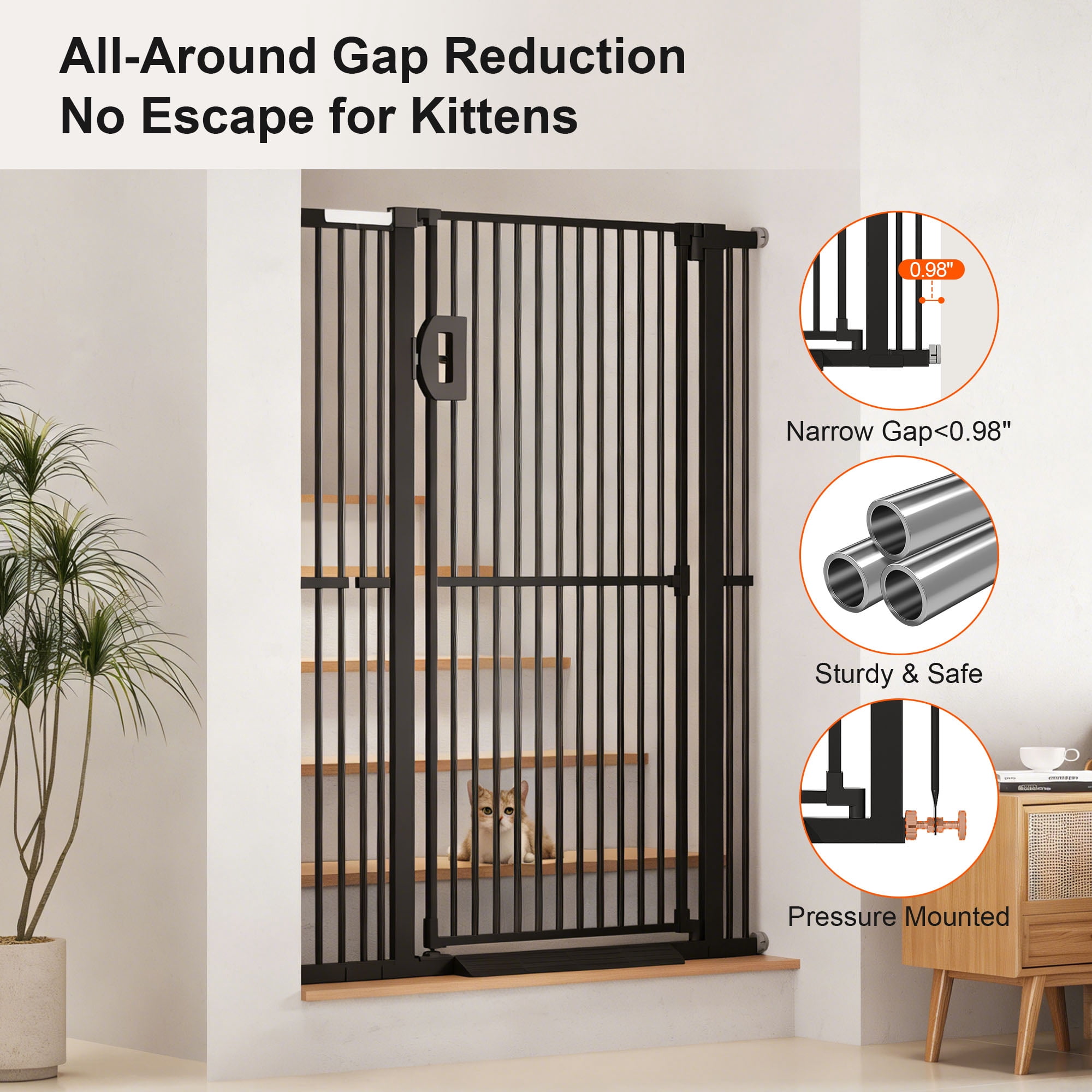 AOPEC 57" Extra Tall Pet Gate, Auto Close Dog Door Pressure Mounted No Drilling for Doorways, Hallways, Stairs, Expandable 27.5"-38.5" Wide, Narrow 1.18" Spacing for Small Dogs & Puppies, Black