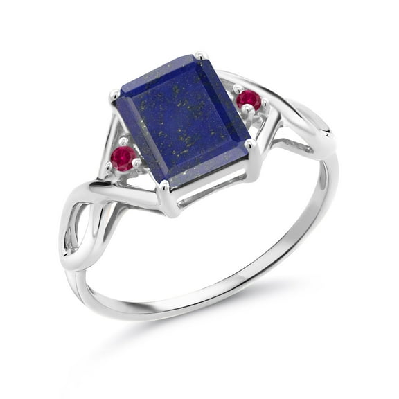 Gem Stone King 2.10 Ct Emerald Cut Blue Lapis Red Created Ruby 925 Sterling Silver Ring (Size 7)