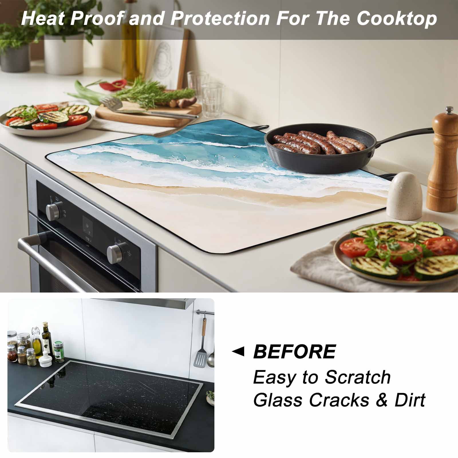 Blue Teal Beach Coastal Stove Top Cover for Electric Stove, Heat-proof & Non Slip Glass Top Stove Cover Protector, Summer Nautical Seaside Ocean Kitchen Flat Cooktop Rubber Mat 24x21 Inches