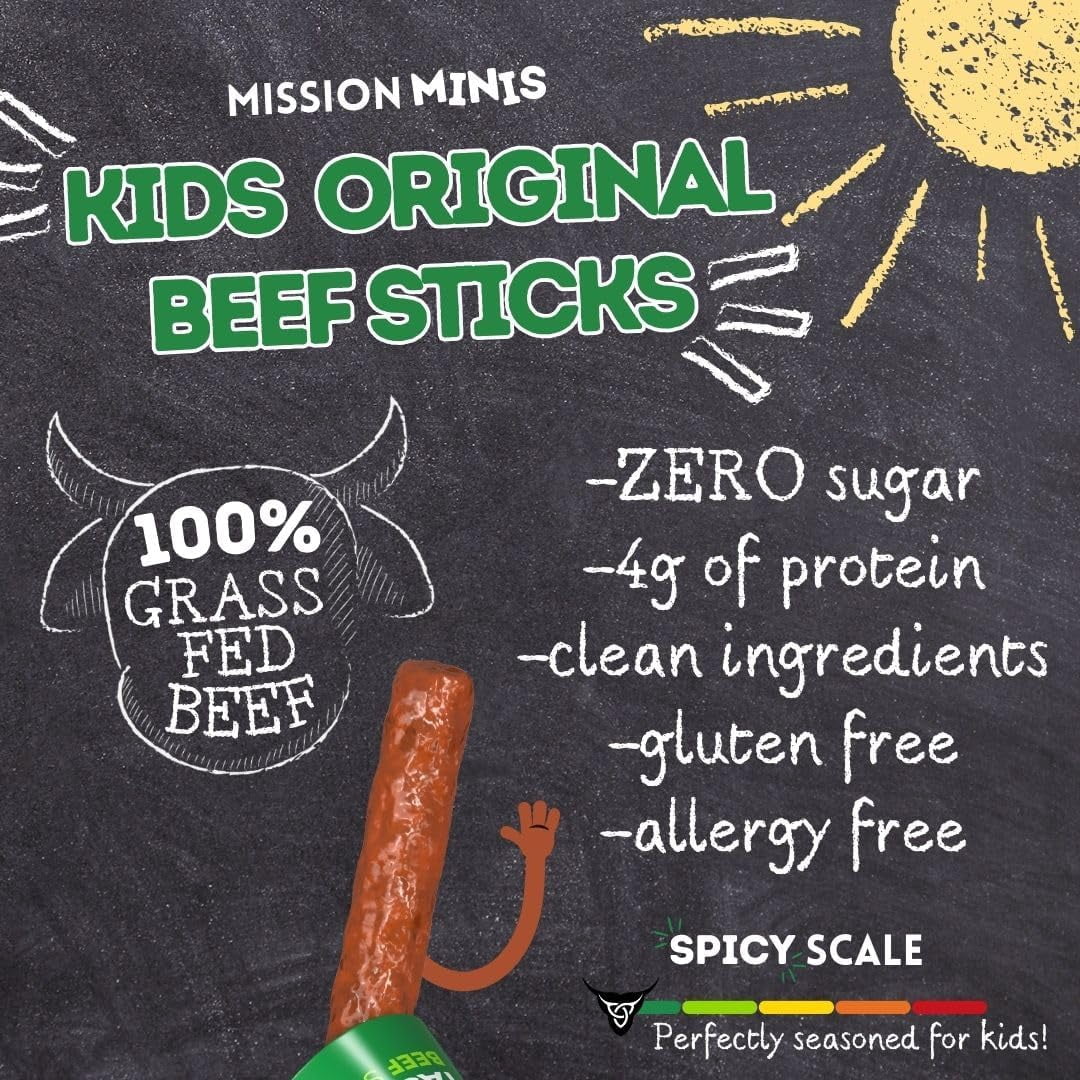 Mission Meats Kids Beef Sticks, 100% Grass Fed, Mini Healthy Snacks for Kids, Zero Sugar, Gluten & Nut Free, Individually Wrapped, 0.5oz (24ct Bag)