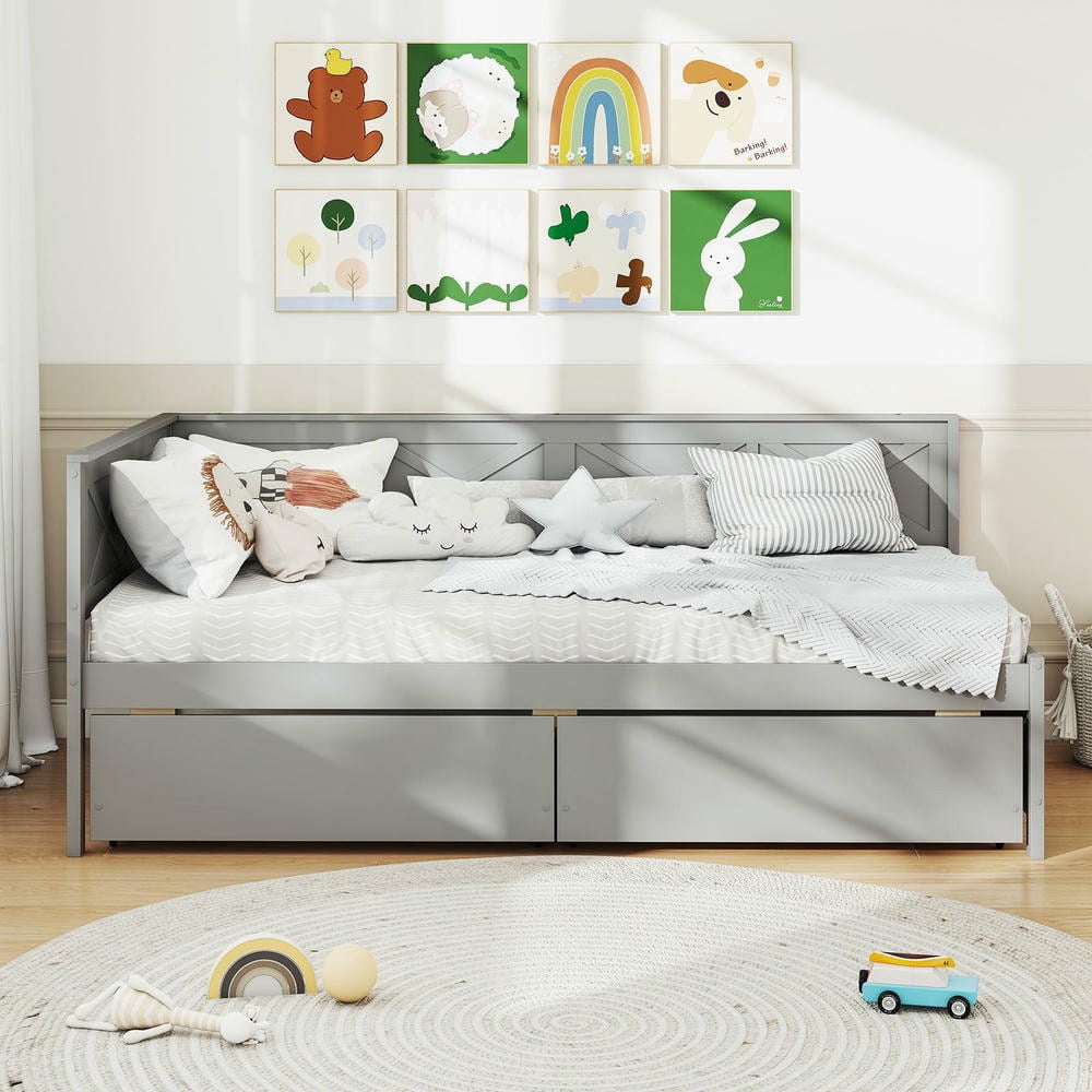 Barara King Twin Size Bedroom Trundle Bed Frame with 2 Storage Drawers and No Box Spring Needed, Bed Platform Frame for Bedroom, Apartment, Gray