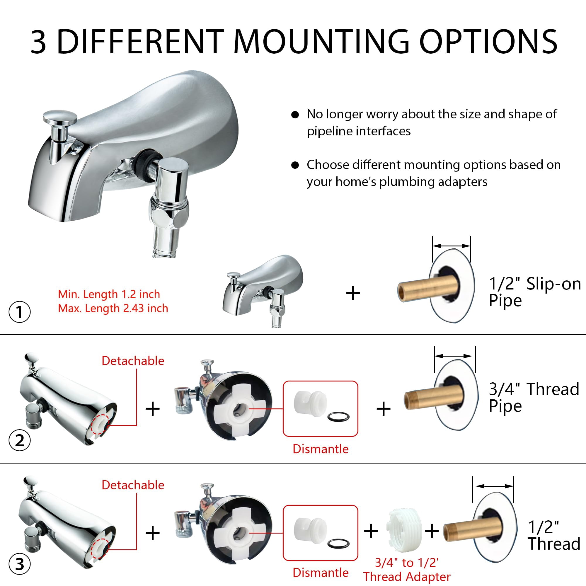 Chrome Tub Spout With Diverter, All Metal Bathtub Faucet Set