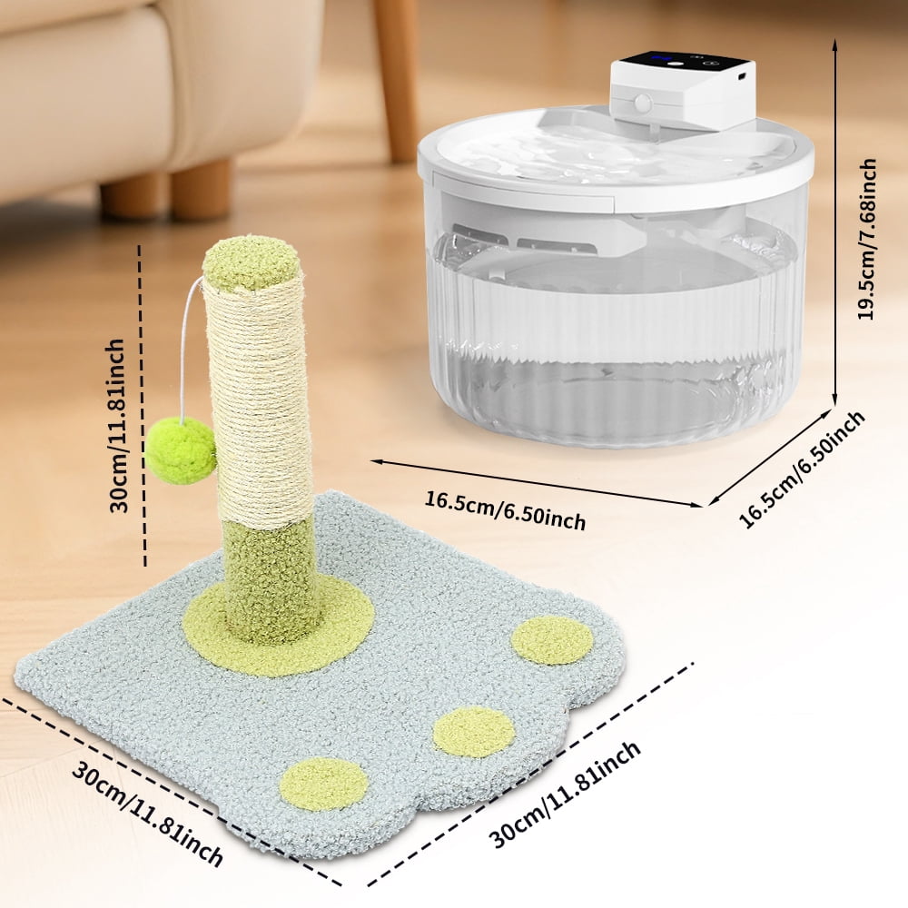 Automatic Cat Water Fountain + Scratching Tower, 2000ML Transparent Tank with Motion Sensor, No Daily Refills Needed, Leak-Proof Quiet Pump