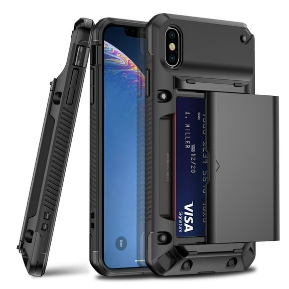 Case for iPhone XR Case Wallet Credit Card Holder ID Slot Sliding Door Hidden Pocket Men Women Anti-Scratch Dual Layer Hybrid Bumper Armor Protective Hard Shell Back Cover, Black