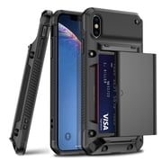 for iPhone X Case, iPhone XS Case Wallet Credit Card Holder ID Slot Sliding Door Hidden Pocket Men Women Anti-Scratch Dual Layer Hybrid Bumper Armor Protective Hard Shell Back Cover, Black