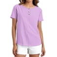 thumbnail image 2 of Womens Casual Tops Solid Color Crewneck Short Sleeve Buttons Shirts Summer Daily Vacation T Shirt Purple M, 2 of 8