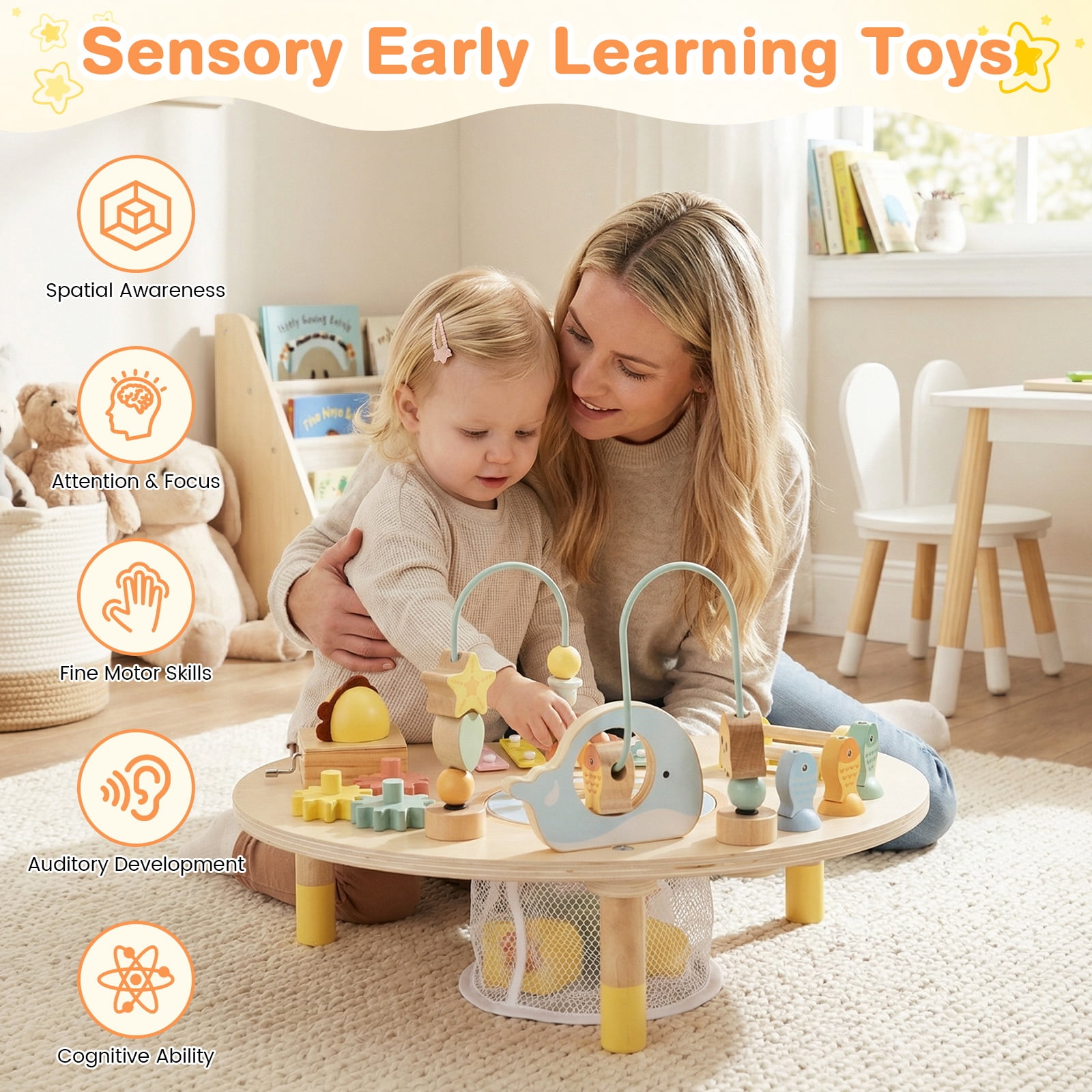 Costway 7-in-1 Toddler Activity Table with Bead Maze, Fishing Game, Xylophone, Music Box