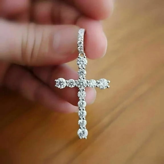 2 Ct Round Cut Lab-Created Diamond CROSS Pendant 14k White Gold Plated