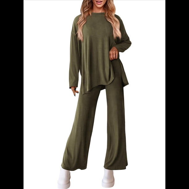 Conjuntos de Dos Piezas para Mujer, Camisetas de Larga A Juego, Pantalones Anchos y Chándales, Ropa de Otoño. Verde M