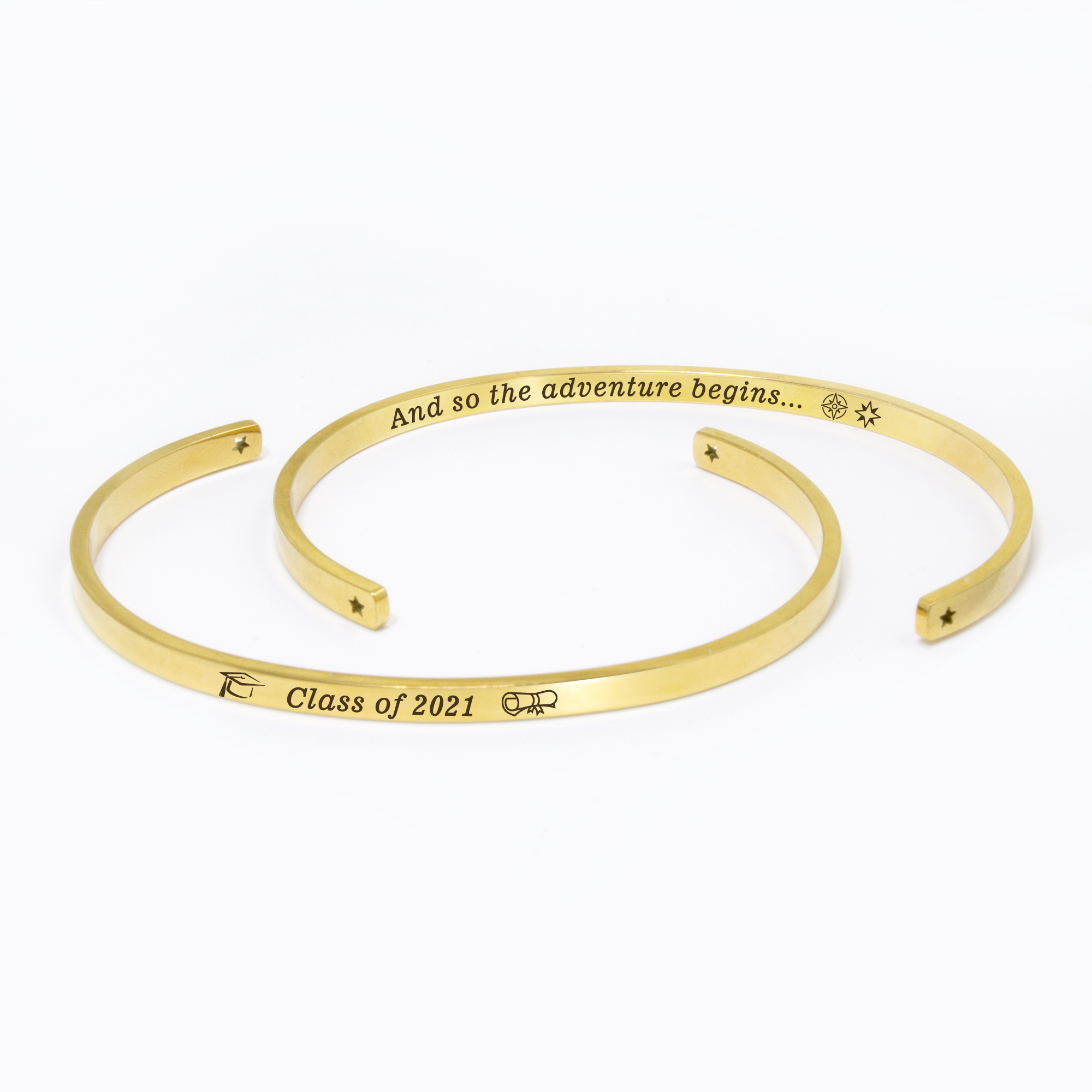 "And so the adventure begins…" Gold Stainless Steel Graduation Theme Hidden Message Gift for Her Cuff Bracelet with Gift Set