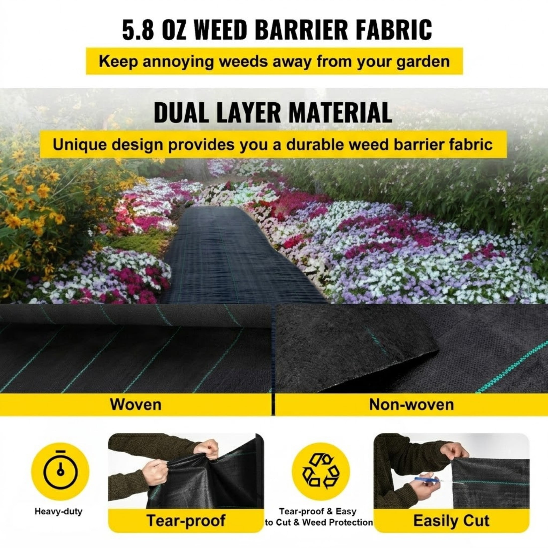 4ft x 100ft 5.8oz Weed Barrier, Heavy Duty Woven Landscape Fabric, Black