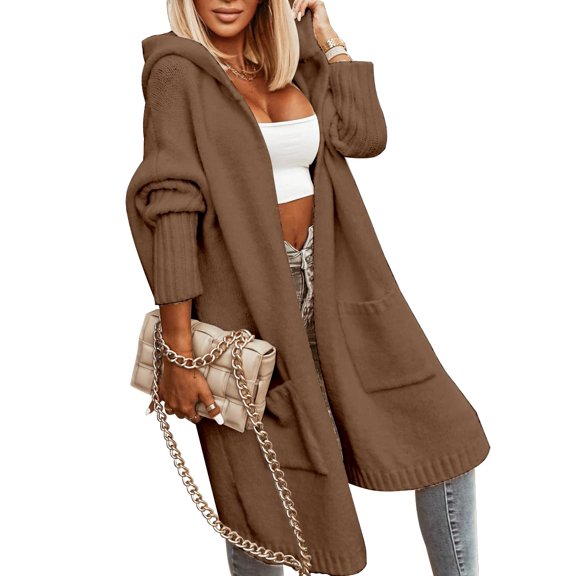 Women's Hooded Long Knit Cardigan Open Front Loose Sweater Coat with Pockets