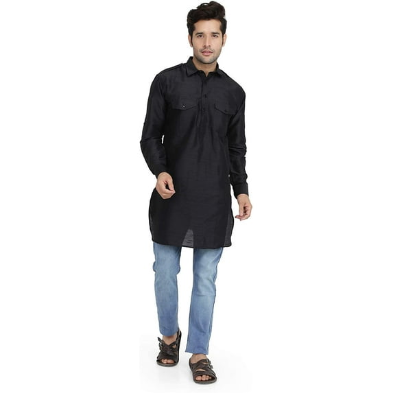 Royal Kurta Mens Silk Pathani Kurta Black 40
