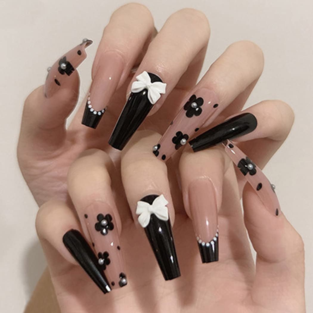 Cute Long Coffin Press on Nails Black Glossy Fake Nails Design ...