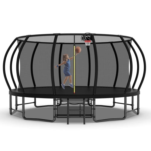 Leumius 16FT Trampoline for Kids and Adults,Outdoor Pumpkin Trampolines with Curved Poles,Heavy Duty Trampoline with Ladder and Basketball Hoop,Black