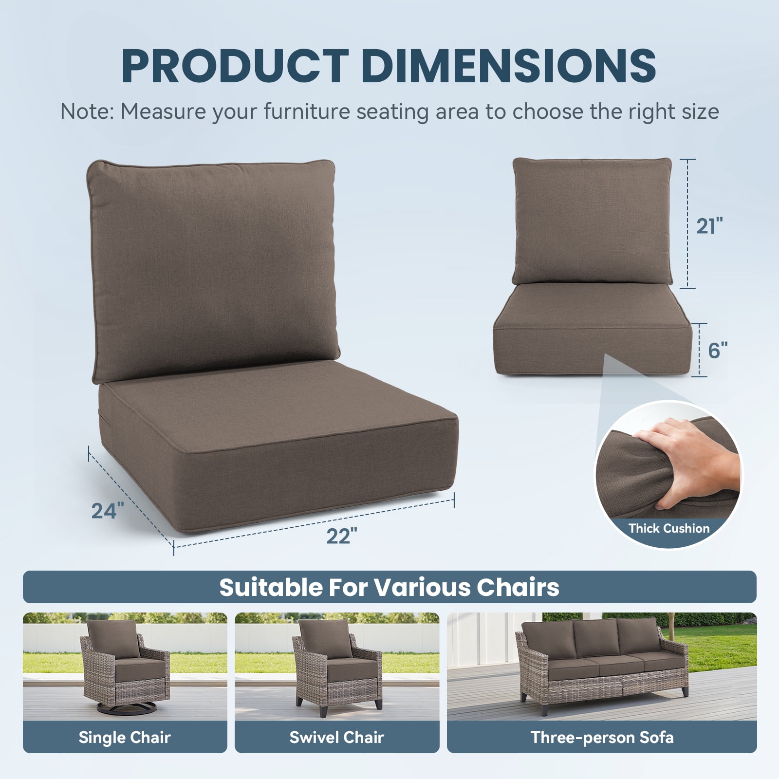 Outdoor Wicker Furniture Cushion Set, 24 x 22 x 6 Thicken Deep Seat Patio Chair Cushions, Dark Grey, 5 Sets