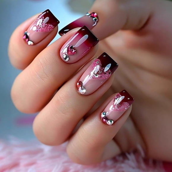 Valentines Press on Nails Sutaozhi, 24 unidades, pantalones cortos cuadrados con 3D