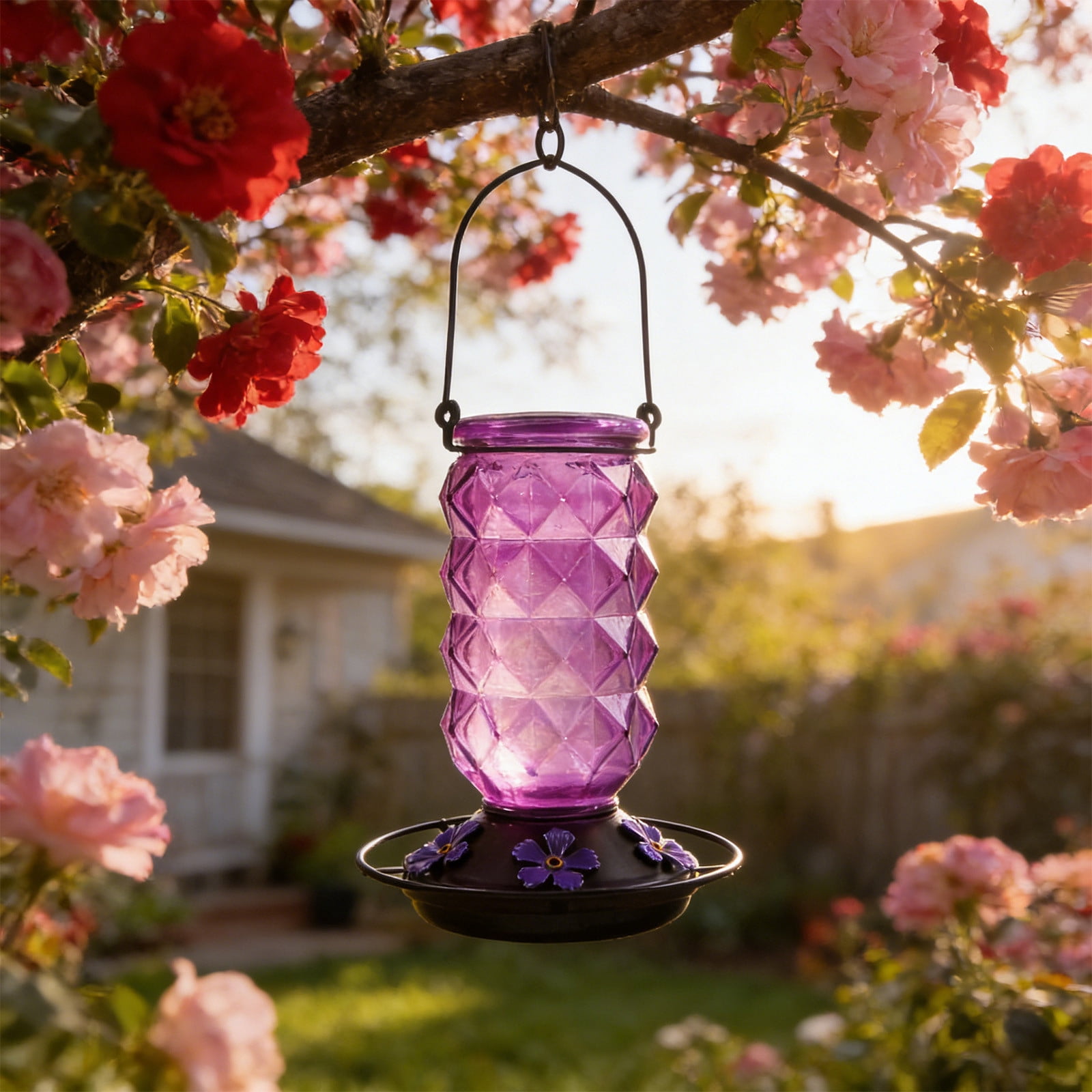 BZPIZ Hummingbird Feeders for Outdoors, Hanging Glass Bowl Hummingbird Feeder with Flower Shaped Feeding Ports, Bird Baths for Hummingbirds, Garden Patio Backyard Lawn Decor Purple