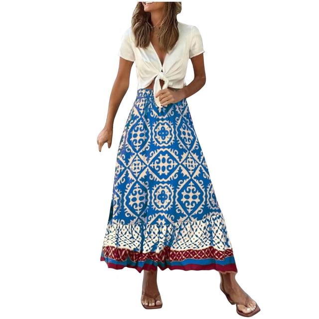 Womens Popular Summer New Print Loose Patchwork Ruffled A-Line Large Hem Skirt