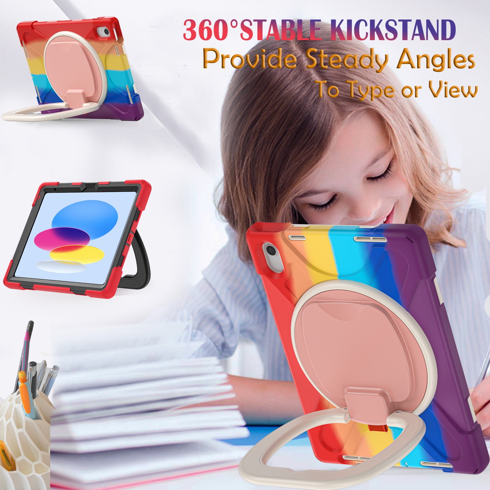 iPad 10th Generation Case 2022,iPad 10th Gen 10.9 inch Rugged Case with Screen Protector,Rotating Stand/Pencil Holder/Carrying Shoulder Strap - Colourful Red