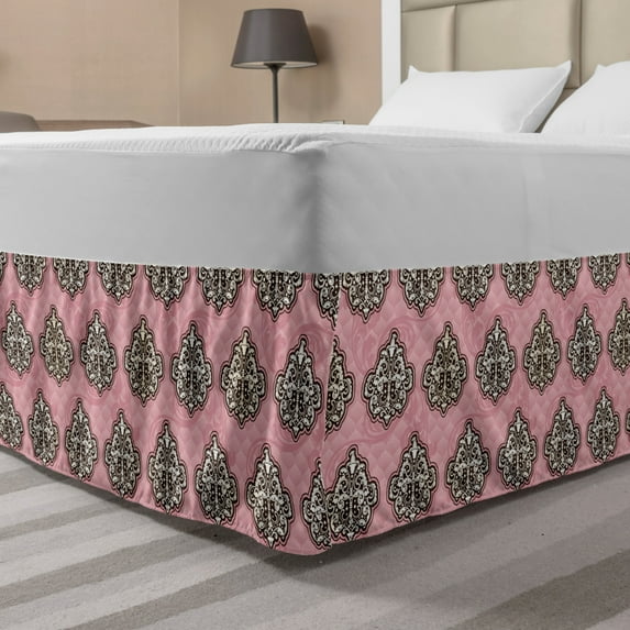 Pink Damask Bed Skirt, Repeating Flowers Rococo Inspired Ornaments, Elastic Bedskirt Dust Ruffle Wrap Around for Bedding Decor, 4 Sizes, Pale Pink Beige, by Ambesonne