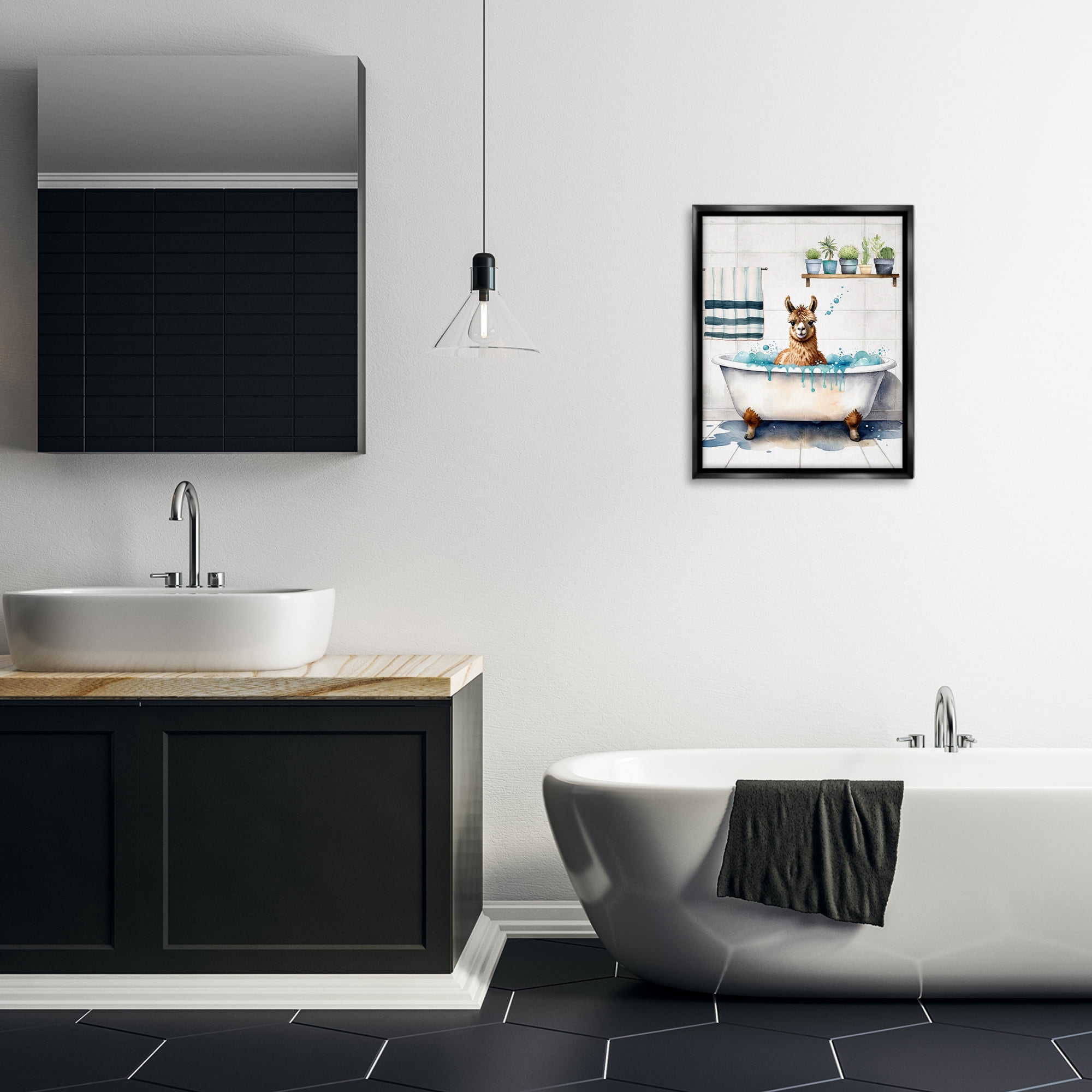 Stupell Industries Alpaca Bathtime Suds Bath & Laundry Painting Black Floater Framed Canvas Art Print Wall Art, 17 x 21