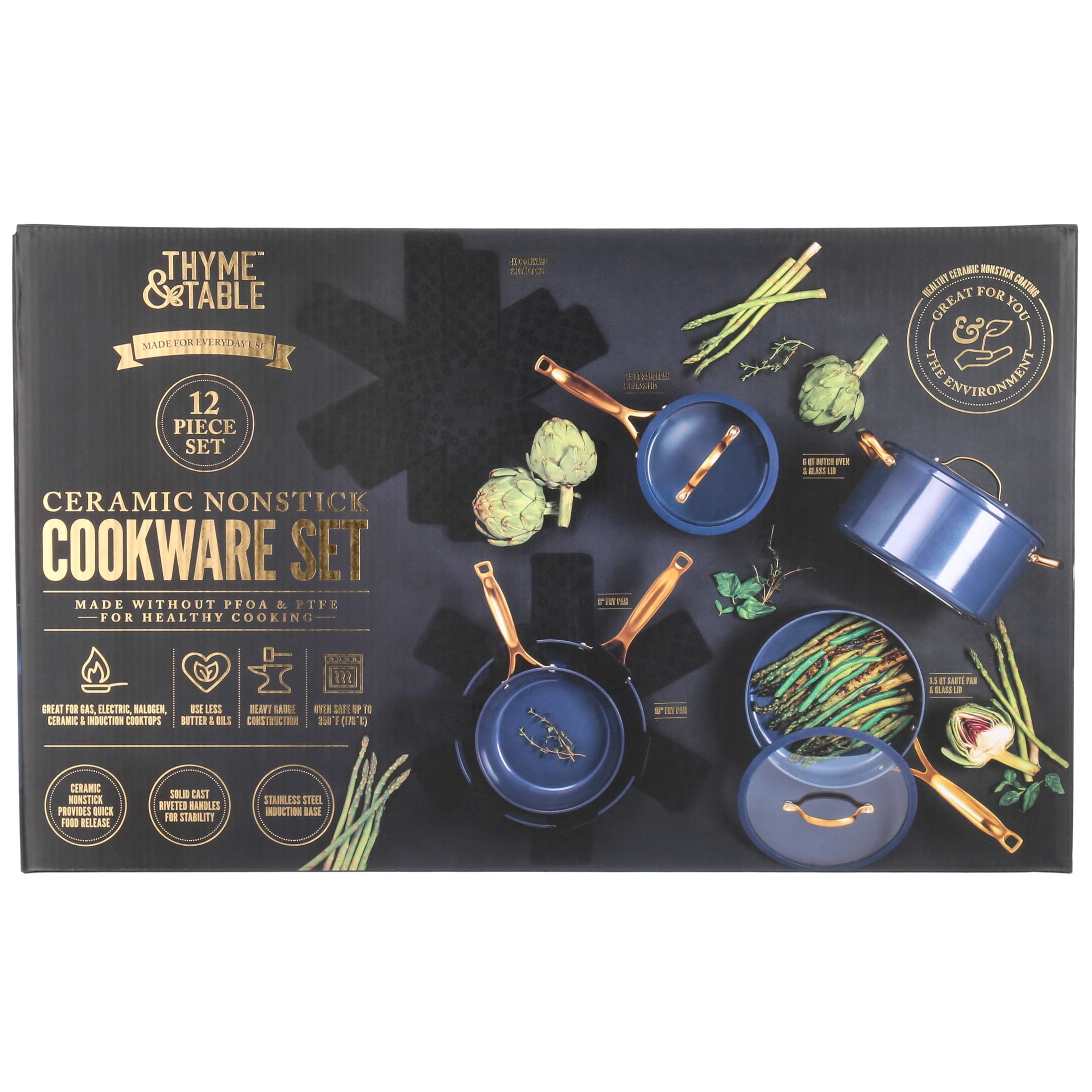 Thyme & Table Nonstick 12 Piece Cookware Set, Acadia Blue