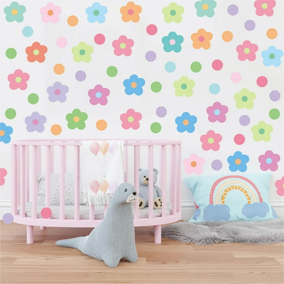 90 Pcs Multi-color Flowers Dots Decals Removable Wall Stickers Vinyl Peel and Stick Children's Room Kids Playroom Bedroom Living Room Kindergarten Decor